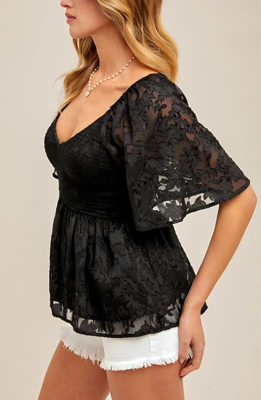 Textured Chiffon Peplum Top with Smocked Bust and Sheer Flutter Sleeves