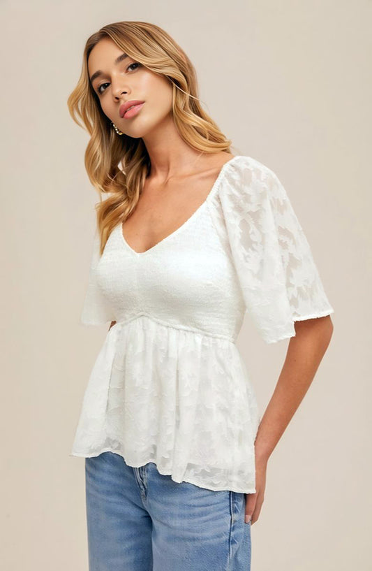 Textured Chiffon Peplum Top with Smocked Bodice and Flutter Sleeves