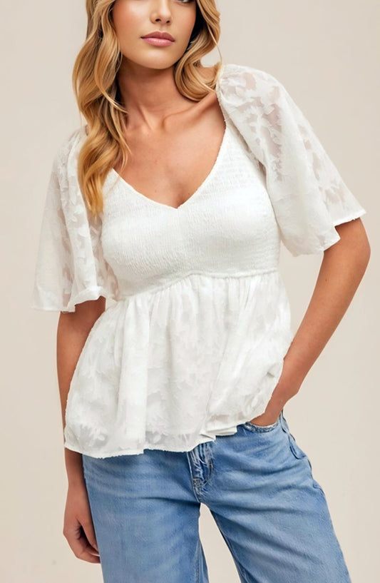Textured Chiffon Peplum Top with Smocked Bodice and Flutter Sleeves