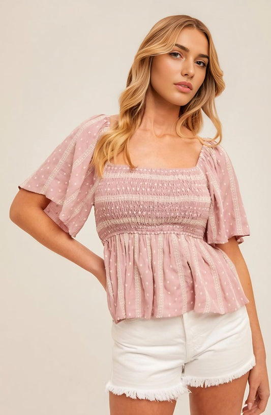 Smocked Bodice Peplum Blouse with Flutter Sleeves and Subtle Dotted Stripe Texture