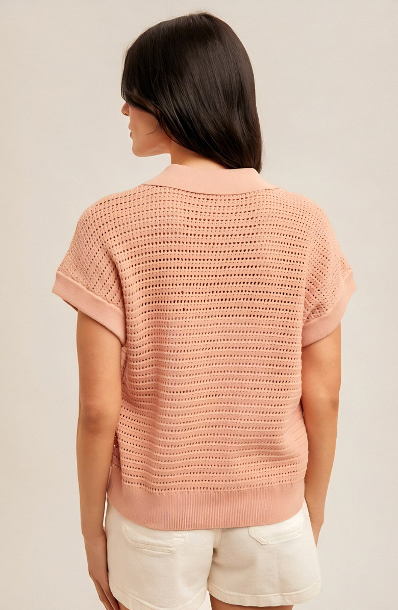 Short Sleeve Collared Pointelle Knit Top with Open Stitch Detailing