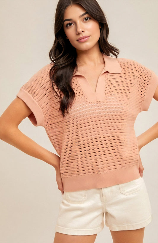 Short Sleeve Collared Pointelle Knit Top with Open Stitch Detailing