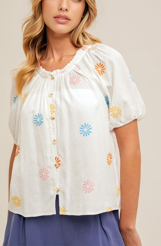 Embroidered Button-Up Blouse with Puff Sleeves and Elastic Neckline Detail
