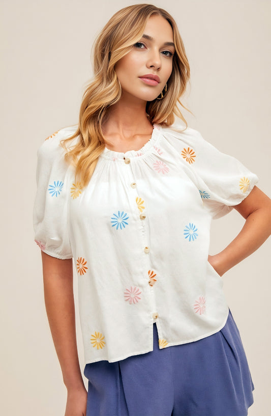 Embroidered Button-Up Blouse with Puff Sleeves and Elastic Neckline Detail