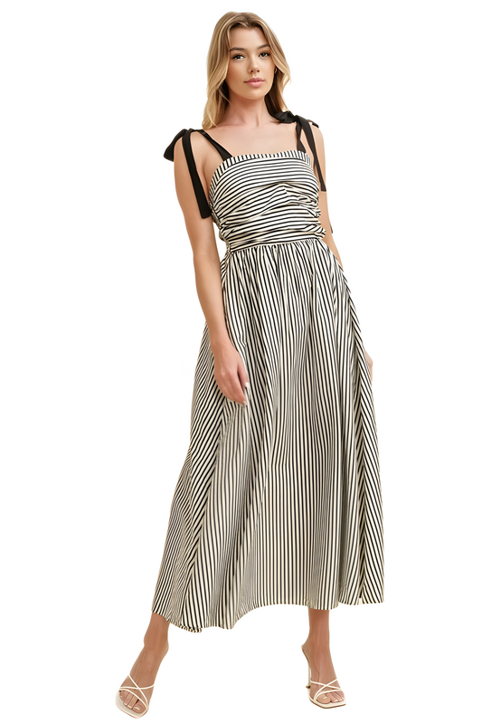 Black and White Striped Maxi Dress with Shoulder Tie Straps