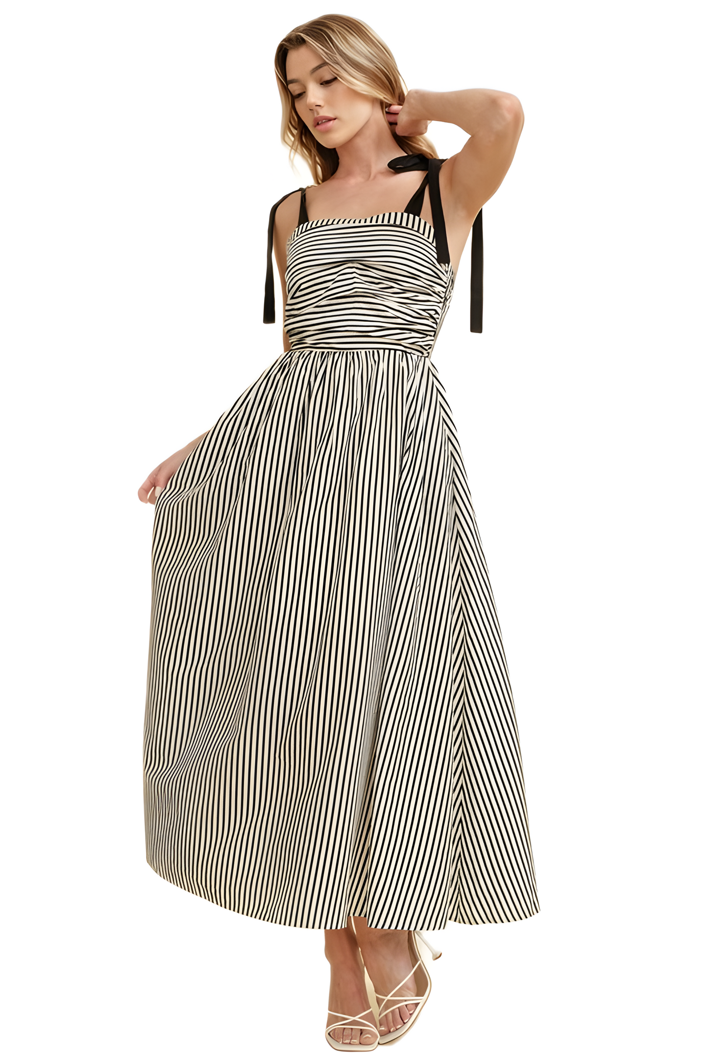 Black and White Striped Maxi Dress with Shoulder Tie Straps