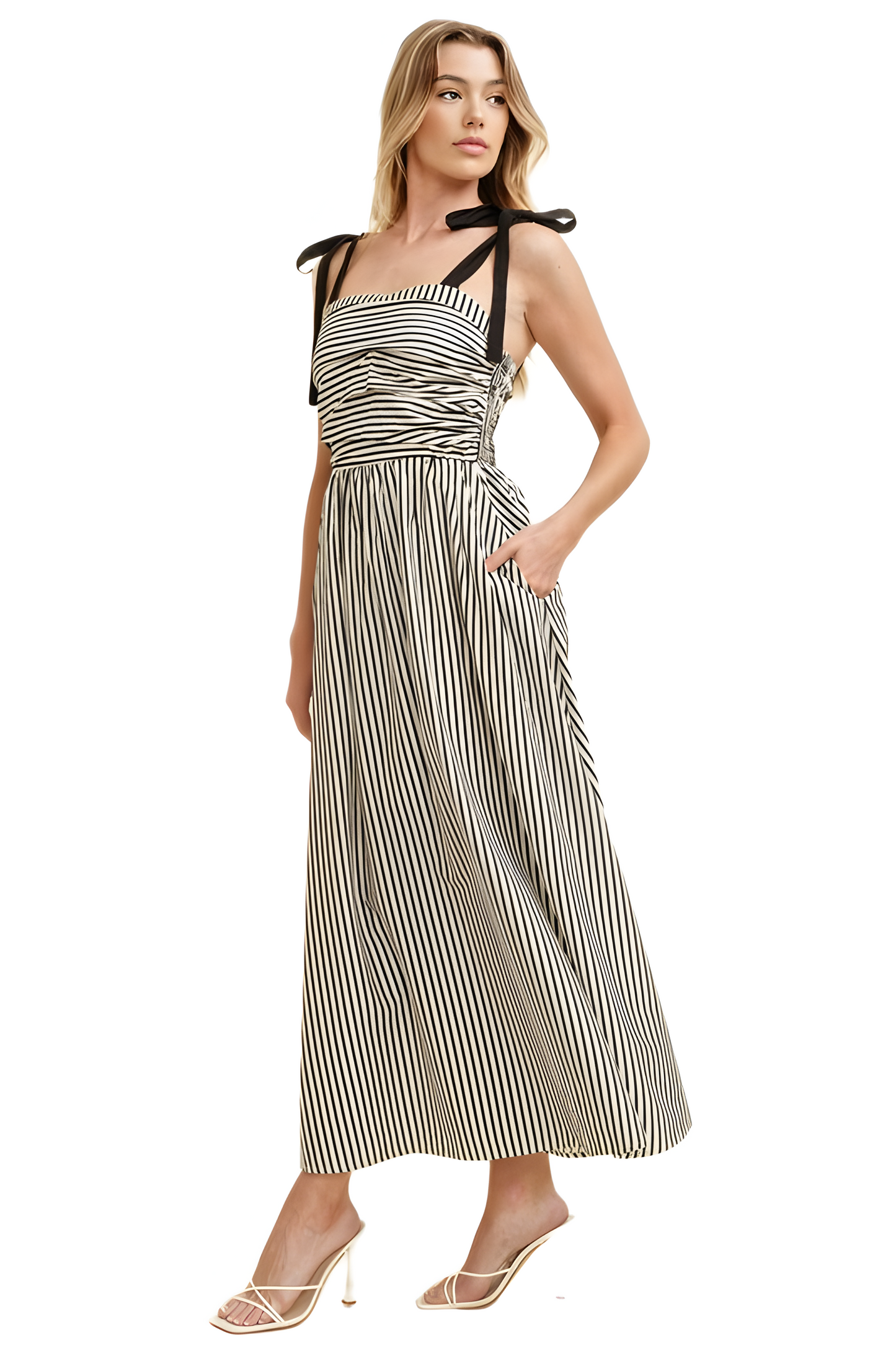 Black and White Striped Maxi Dress with Shoulder Tie Straps