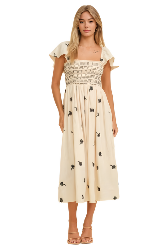 Cream Smocked Bodice Midi Dress with Delicate Black Floral Accents