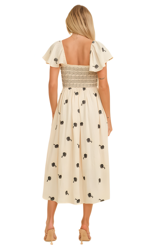 Cream Smocked Bodice Midi Dress with Delicate Black Floral Accents