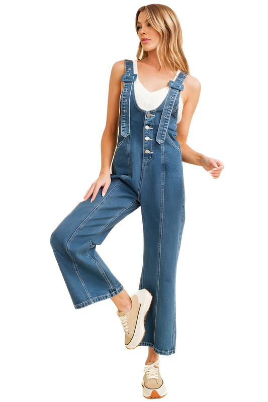 Classic Denim Overall Jumpsuit with Button-Front and Wide-Leg Design