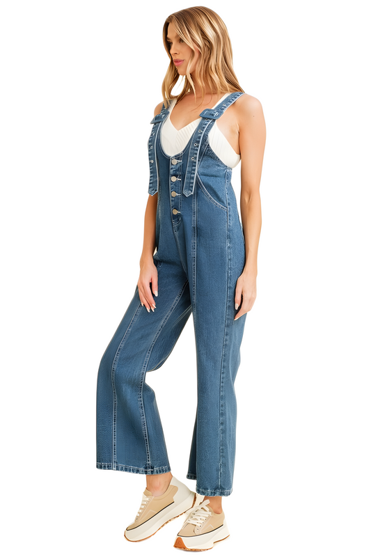 Classic Denim Overall Jumpsuit with Button-Front and Wide-Leg Design