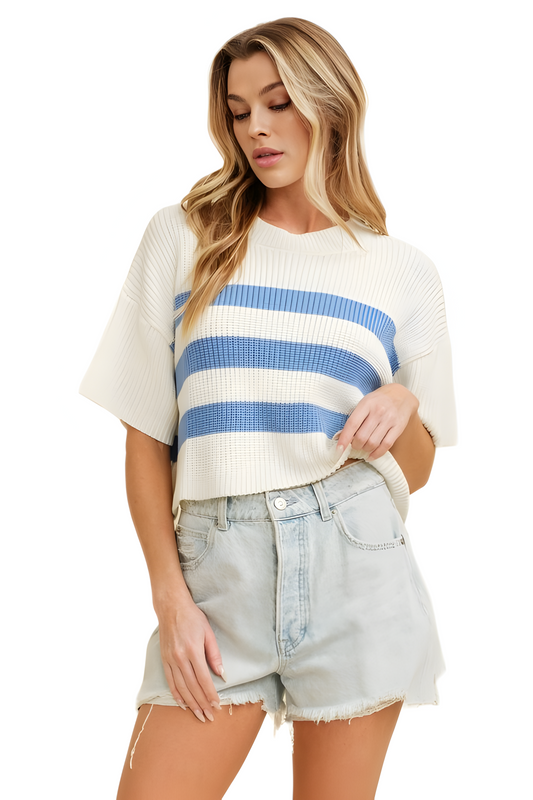 Relaxed Knit Stripe Top with Short Sleeves and Cropped Hemline