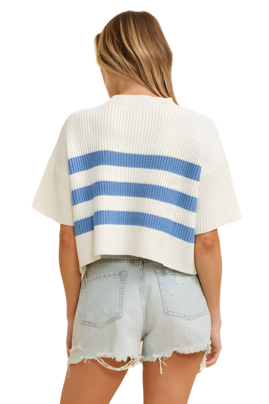 Relaxed Knit Stripe Top with Short Sleeves and Cropped Hemline