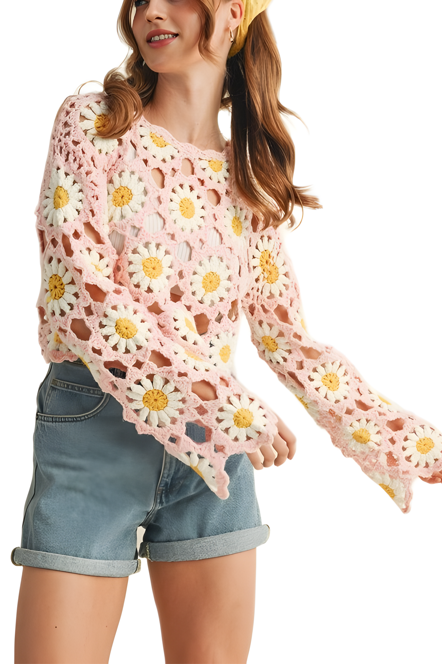 Pastel Pink Crochet Daisy Top with Bell Sleeves