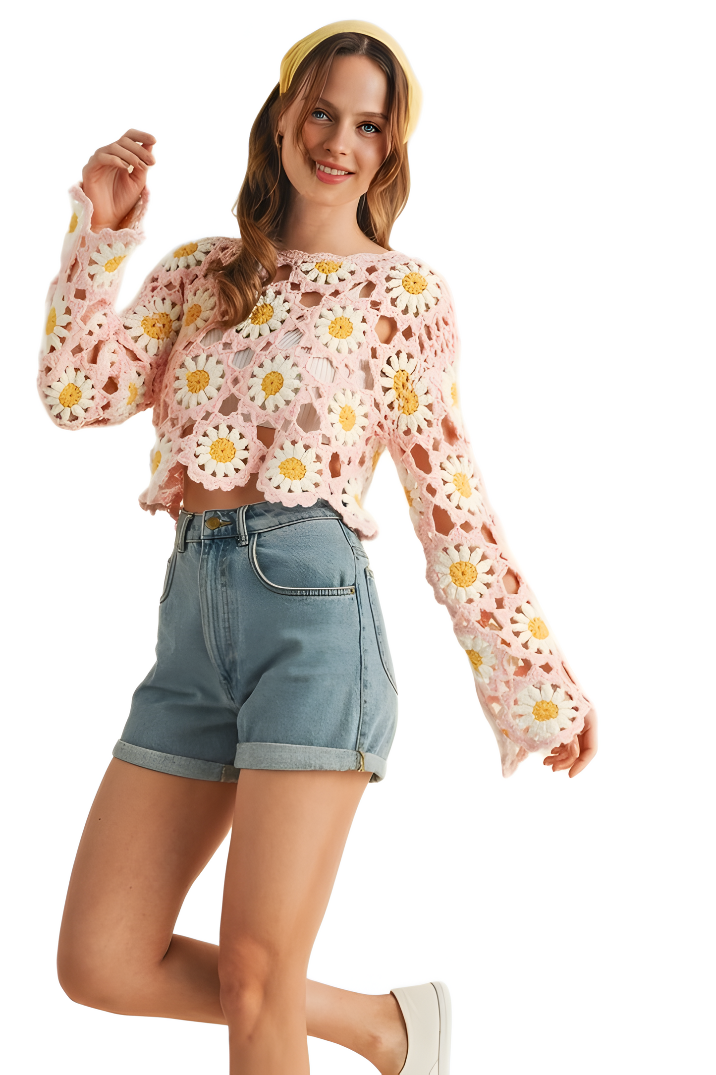 Pastel Pink Crochet Daisy Top with Bell Sleeves