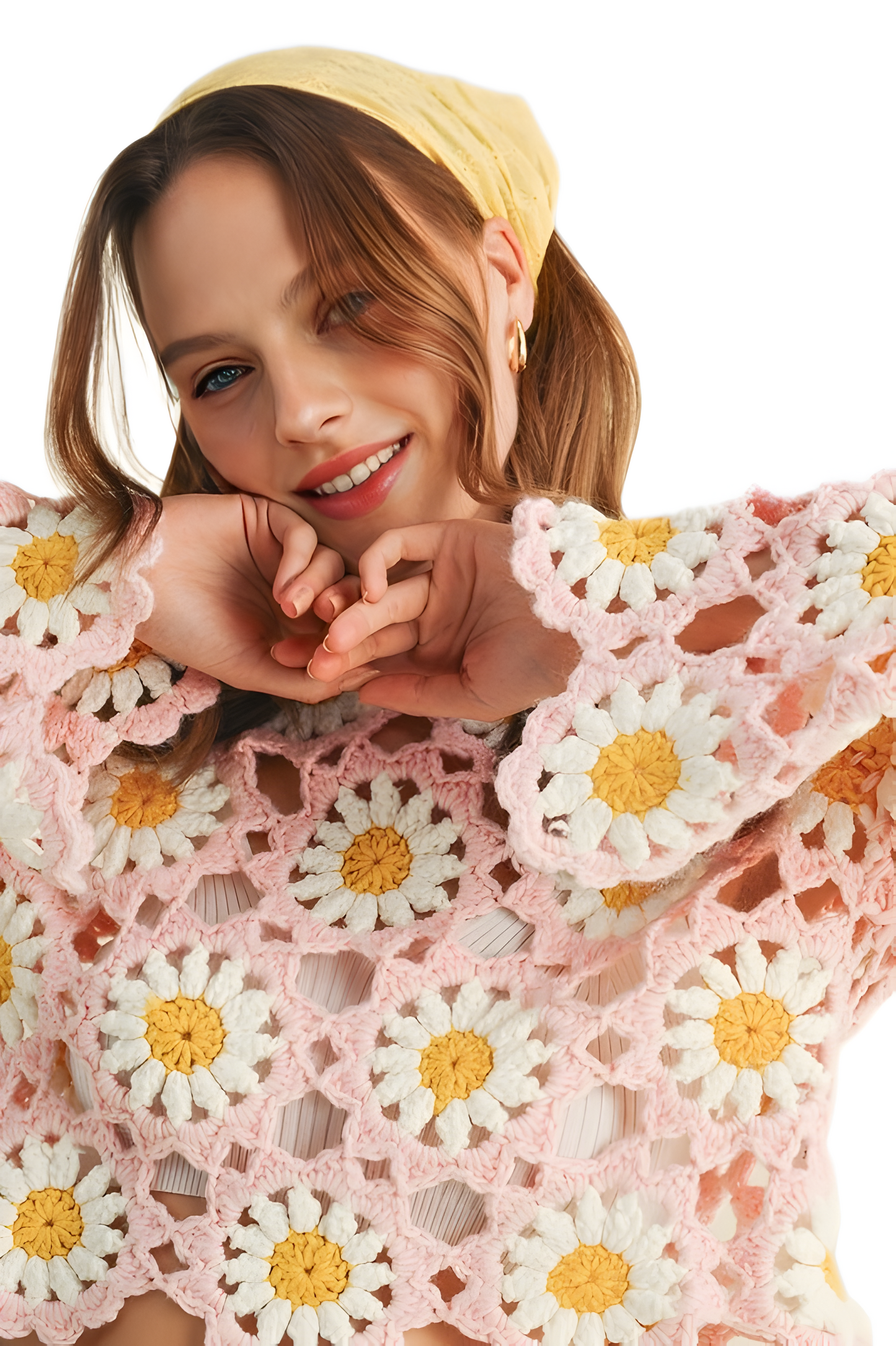 Pastel Pink Crochet Daisy Top with Bell Sleeves