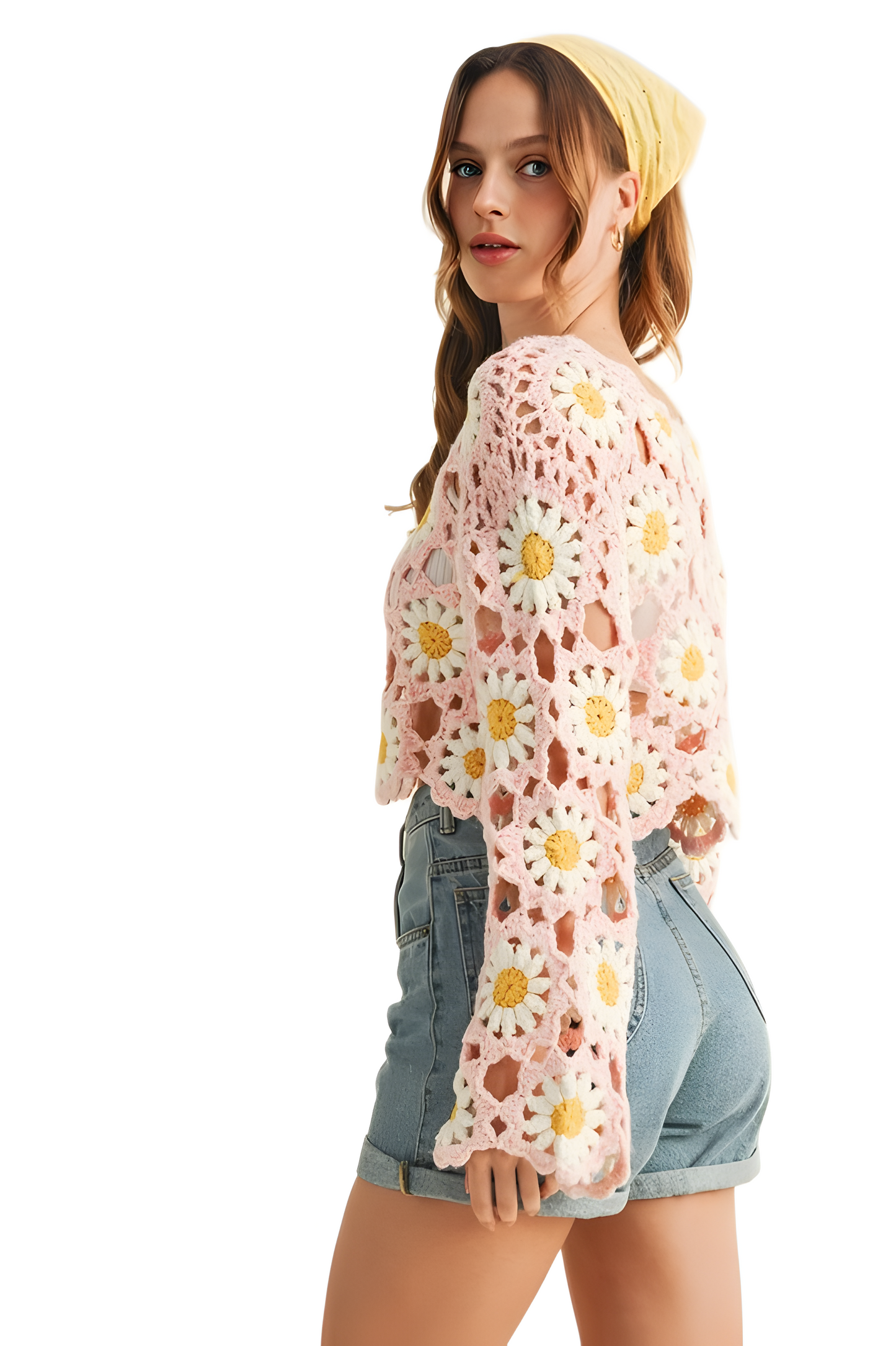 Pastel Pink Crochet Daisy Top with Bell Sleeves