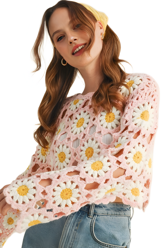 Pastel Pink Crochet Daisy Top with Bell Sleeves