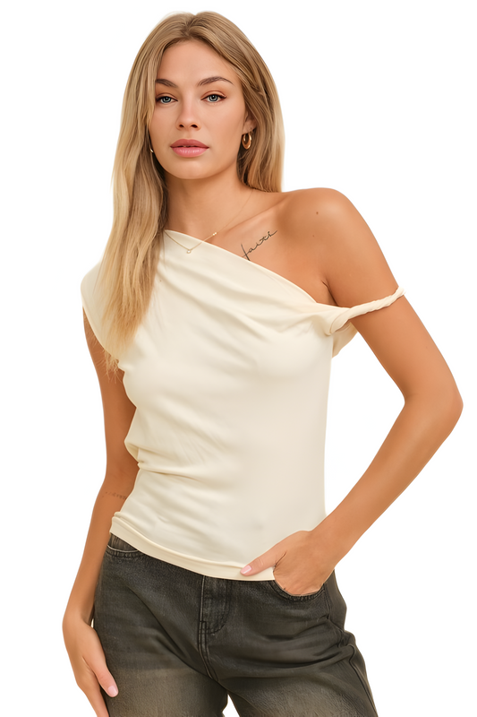 Asymmetric One-Shoulder Cream Top with Sleek Silhouette