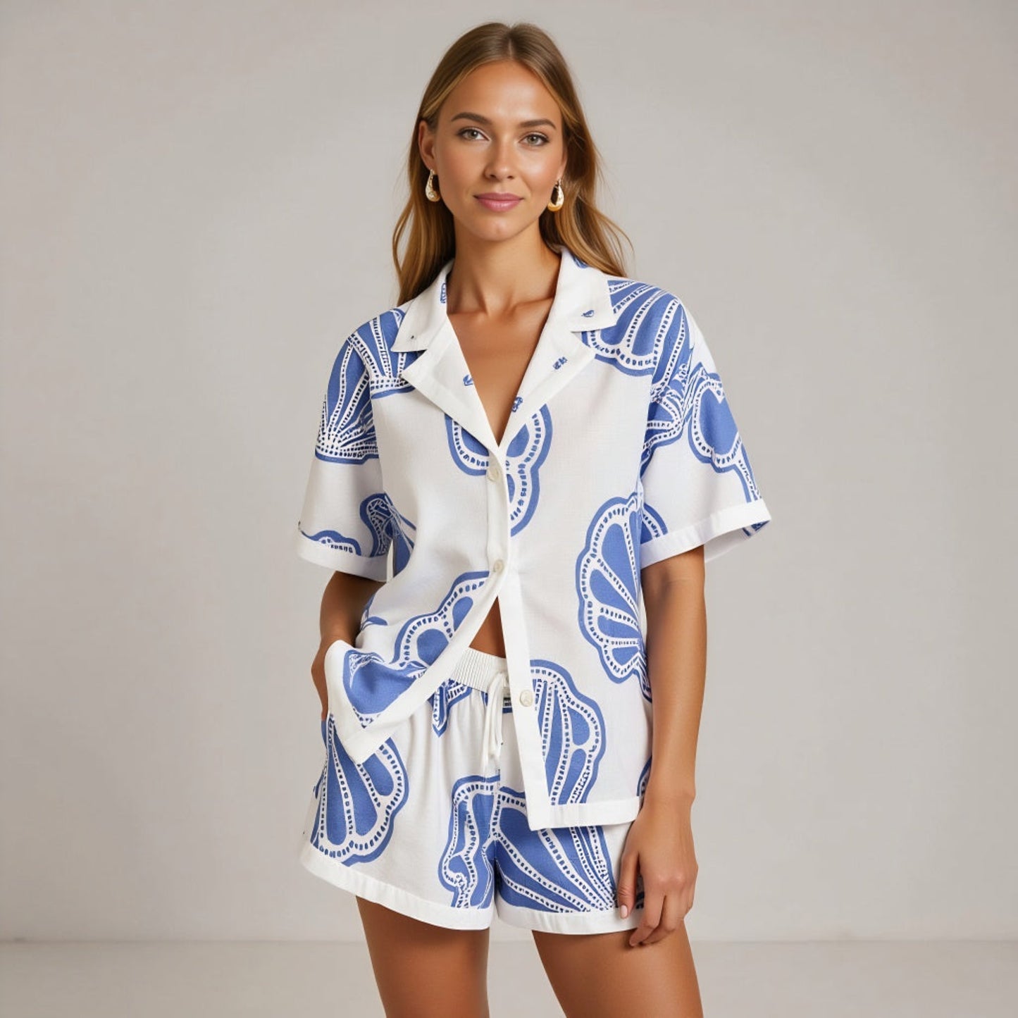 Shell Print Collared Button-Up Shirt and Shorts Two Piece Set