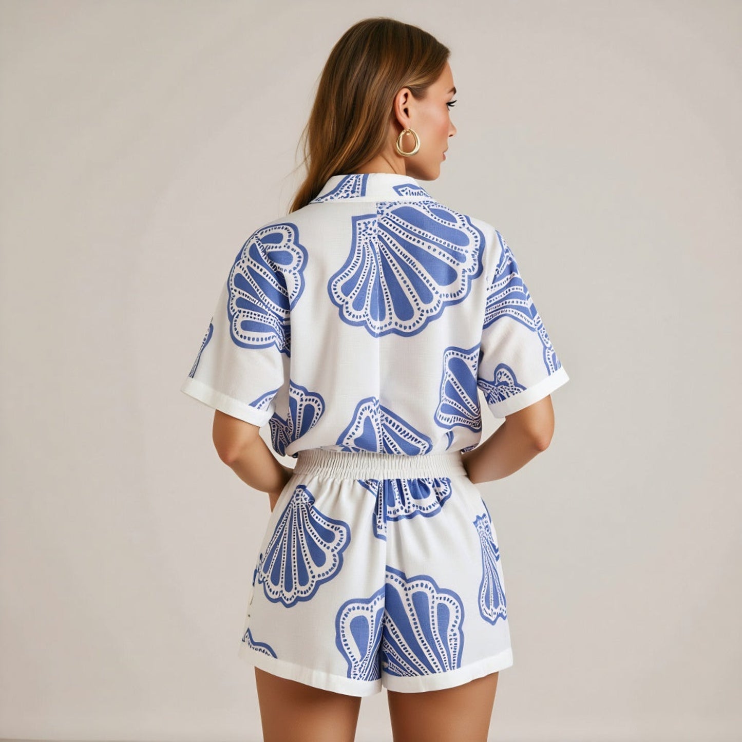 Shell Print Collared Button-Up Shirt and Shorts Two Piece Set