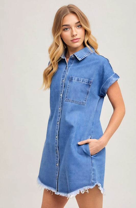 Relaxed Fit Denim Shirt Dress with Short Sleeves Chest Pocket Button Front