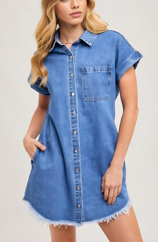 Relaxed Fit Denim Shirt Dress with Short Sleeves Chest Pocket Button Front