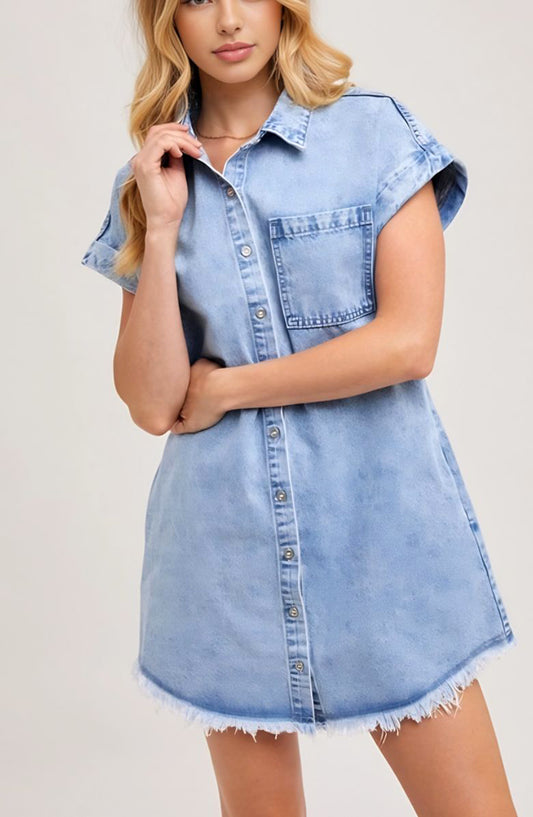 Cap Sleeve Denim Shirt Dress Front Pocket Raw Hem Button-Down Casual Everyday Style