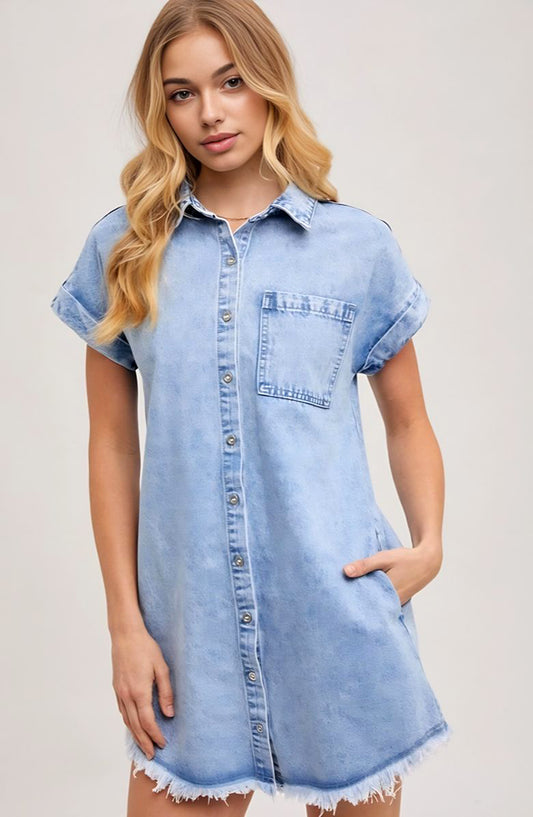 Cap Sleeve Denim Shirt Dress Front Pocket Raw Hem Button-Down Casual Everyday Style