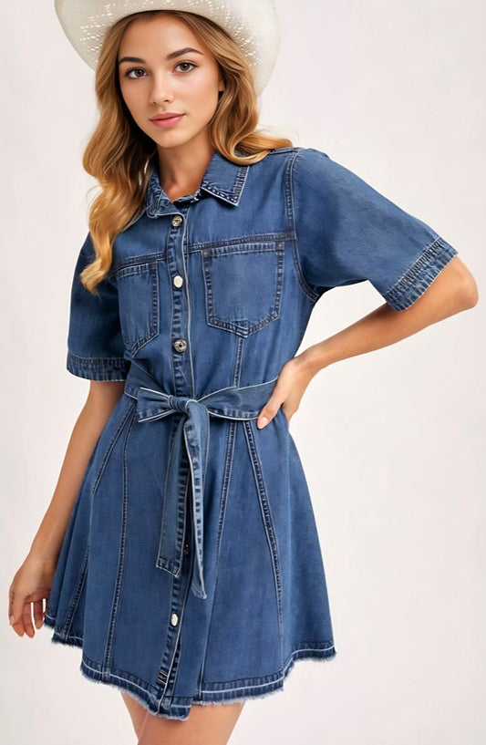 Short Sleeve Belted Denim Shirt Dress with Front Buttons Frayed Hem