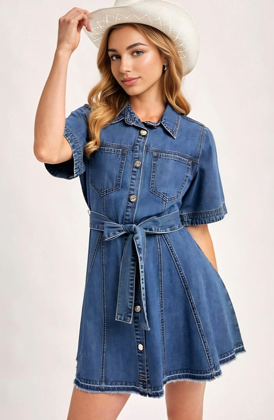 Short Sleeve Belted Denim Shirt Dress with Front Buttons Frayed Hem