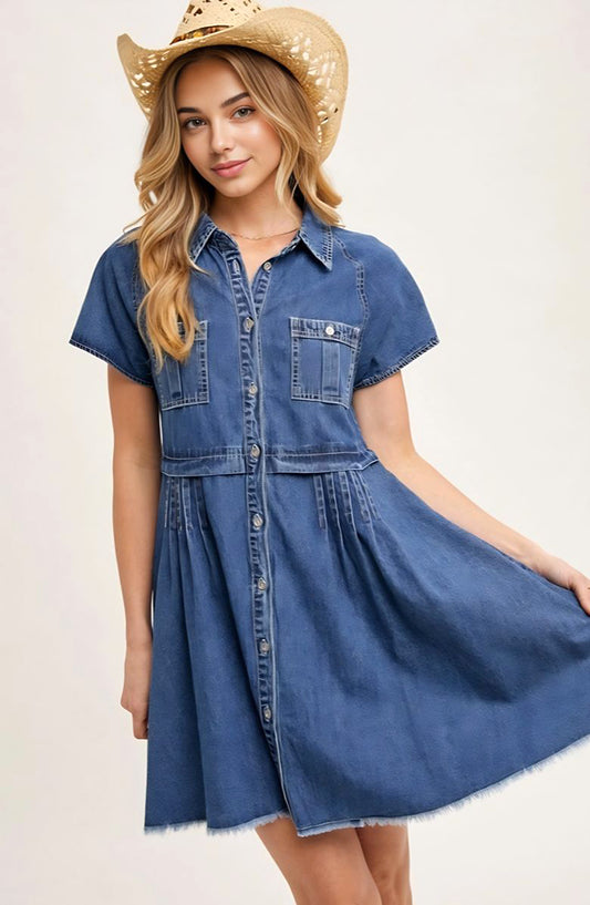 Short Sleeve Button-Down Denim Mini Dress with Pleated Detail