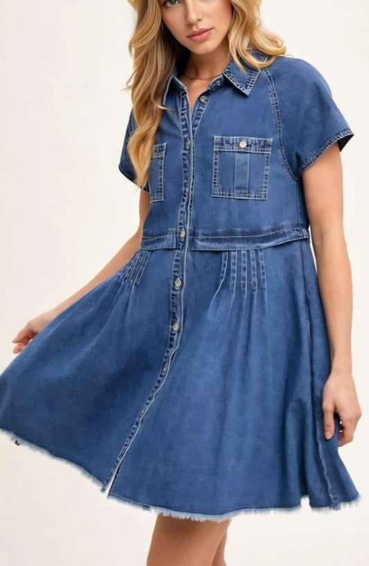 Short Sleeve Button-Down Denim Mini Dress with Pleated Detail