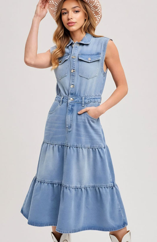 Light Wash Sleeveless Denim Midi Dress with Utility Pockets Button Front Tiered Skirt