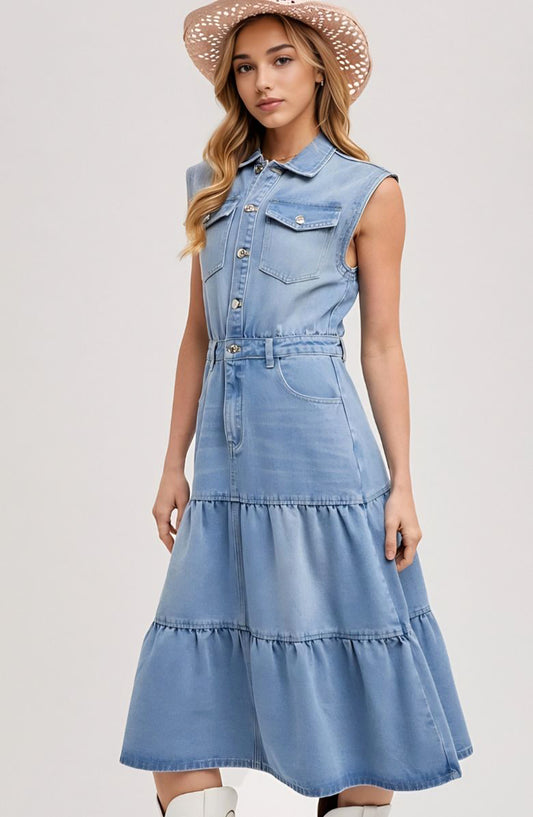 Light Wash Sleeveless Denim Midi Dress with Utility Pockets Button Front Tiered Skirt