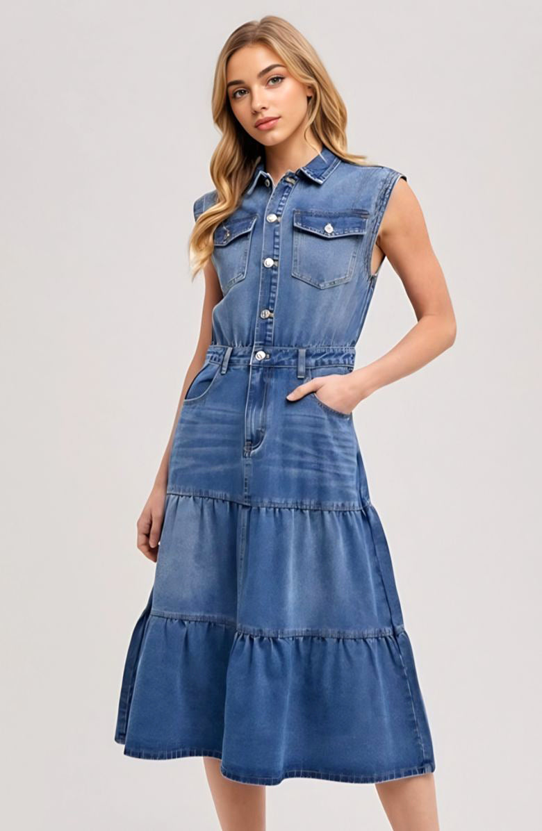 Sleeveless Tiered Denim Midi Dress with Button Front Collar Utility Pockets