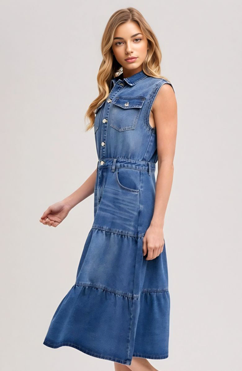 Sleeveless Tiered Denim Midi Dress with Button Front Collar Utility Pockets
