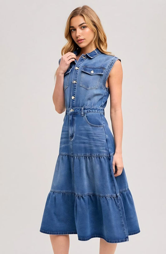 Sleeveless Tiered Denim Midi Dress with Button Front Collar Utility Pockets