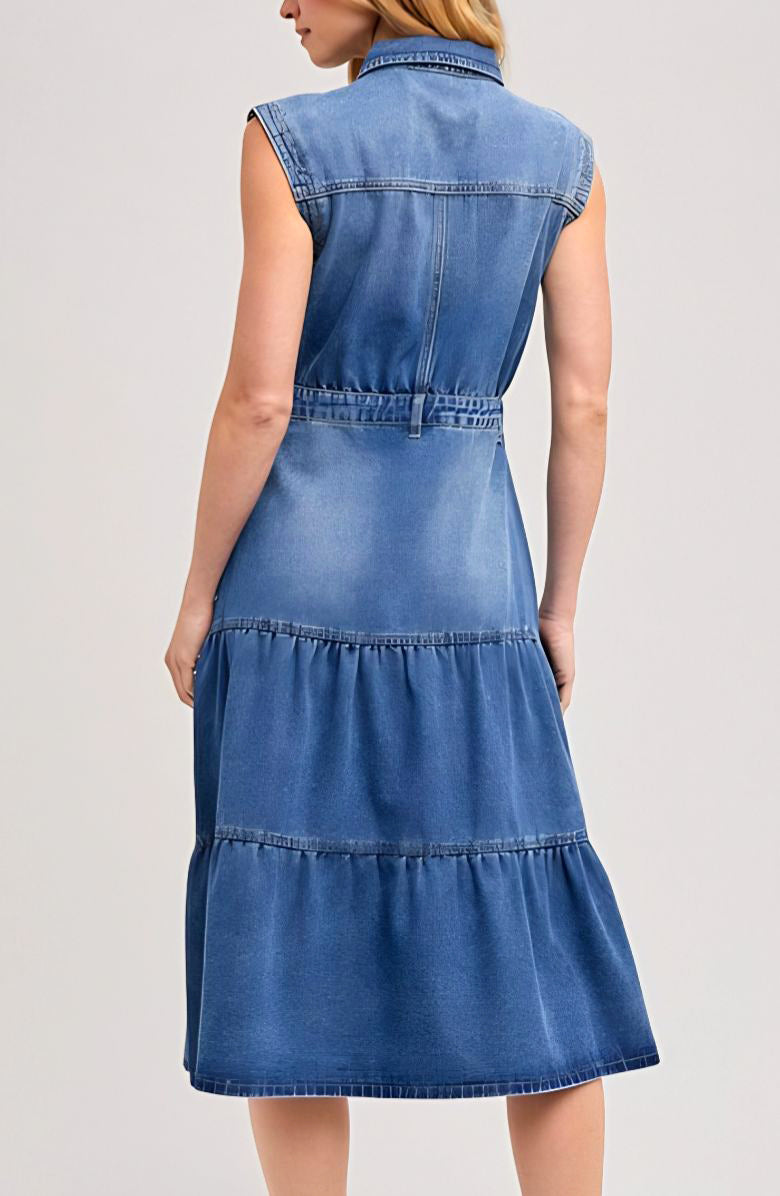 Sleeveless Tiered Denim Midi Dress with Button Front Collar Utility Pockets