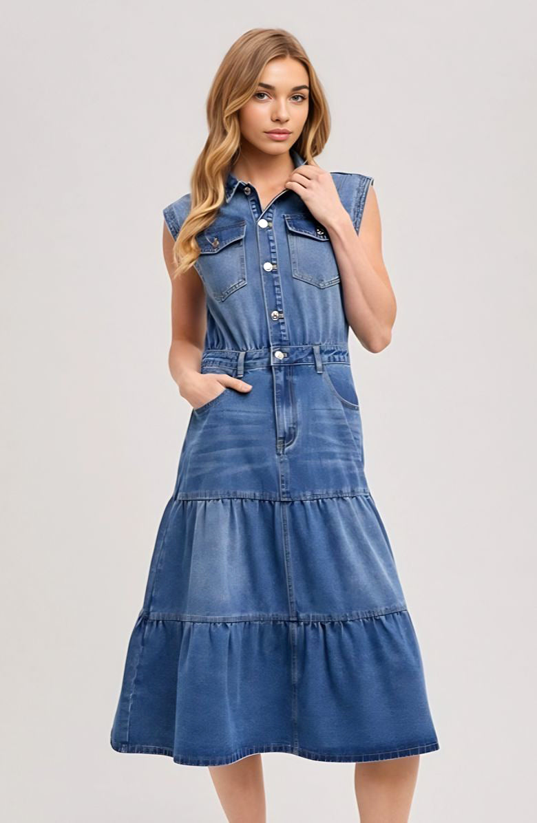 Sleeveless Tiered Denim Midi Dress with Button Front Collar Utility Pockets