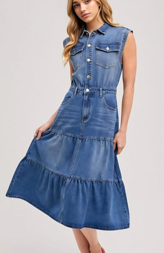 Sleeveless Tiered Denim Midi Dress with Button Front Collar Utility Pockets