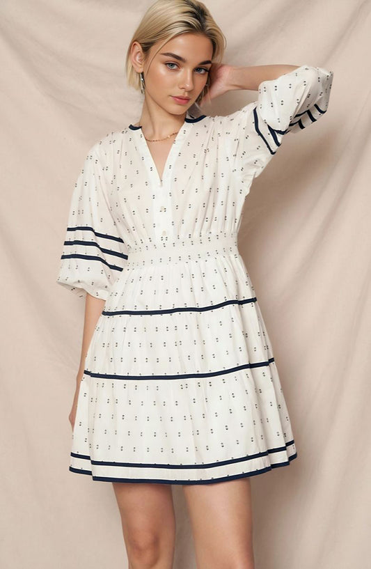 Smocked Waist Mini Dress with Flared Sleeves and Navy Stripe Detail