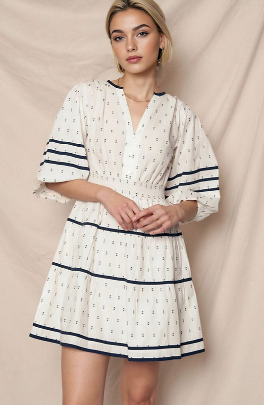 Smocked Waist Mini Dress with Flared Sleeves and Navy Stripe Detail