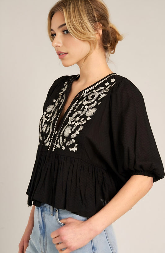 Boho Embroidered Peasant Blouse with Puff Sleeves and Tassel Tie Detail