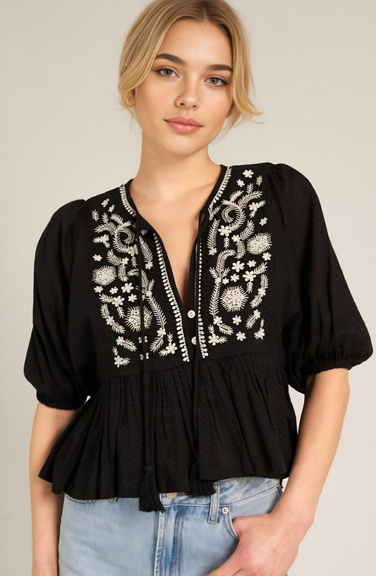 Boho Embroidered Peasant Blouse with Puff Sleeves and Tassel Tie Detail