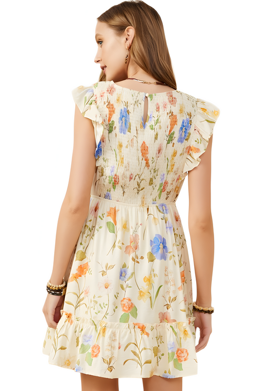 Ruffle Sleeve Smocked Mini Dress with Soft Floral Print