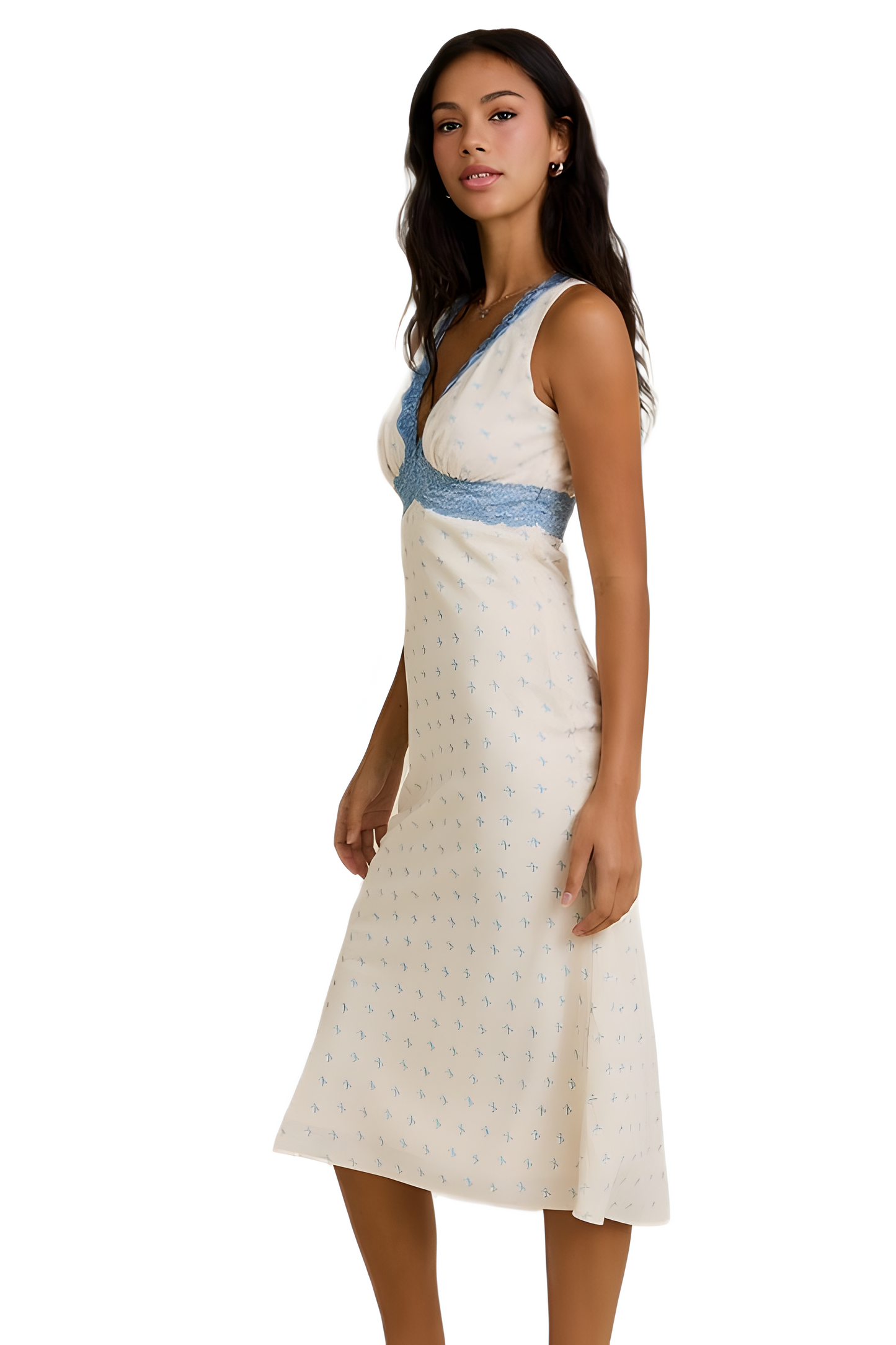 Sleeveless Midi Dress with Blue Lace Trim and Delicate Print