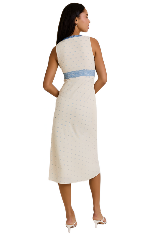 Sleeveless Midi Dress with Blue Lace Trim and Delicate Print