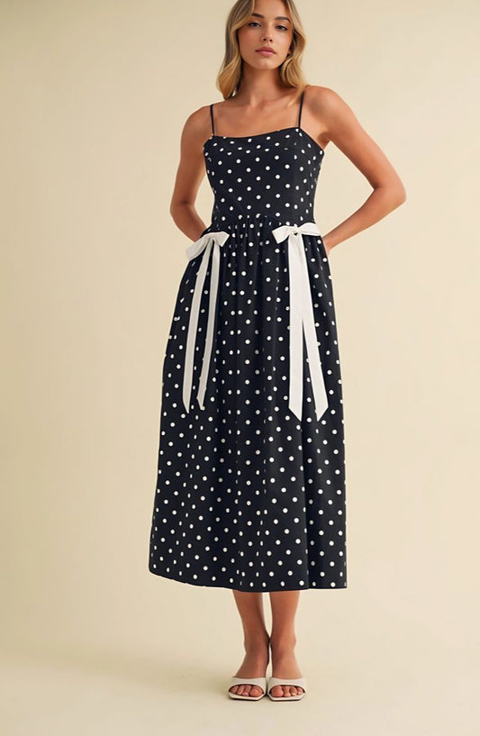 Polka Dot Midi Sundress with Adjustable Straps Waist Tie Bow Detail and Side Pockets