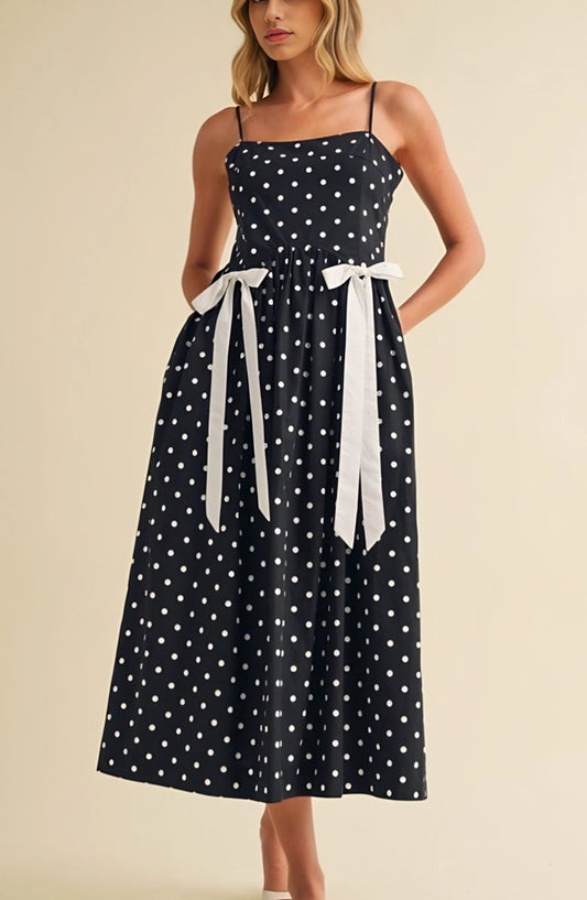 Polka Dot Midi Sundress with Adjustable Straps Waist Tie Bow Detail and Side Pockets